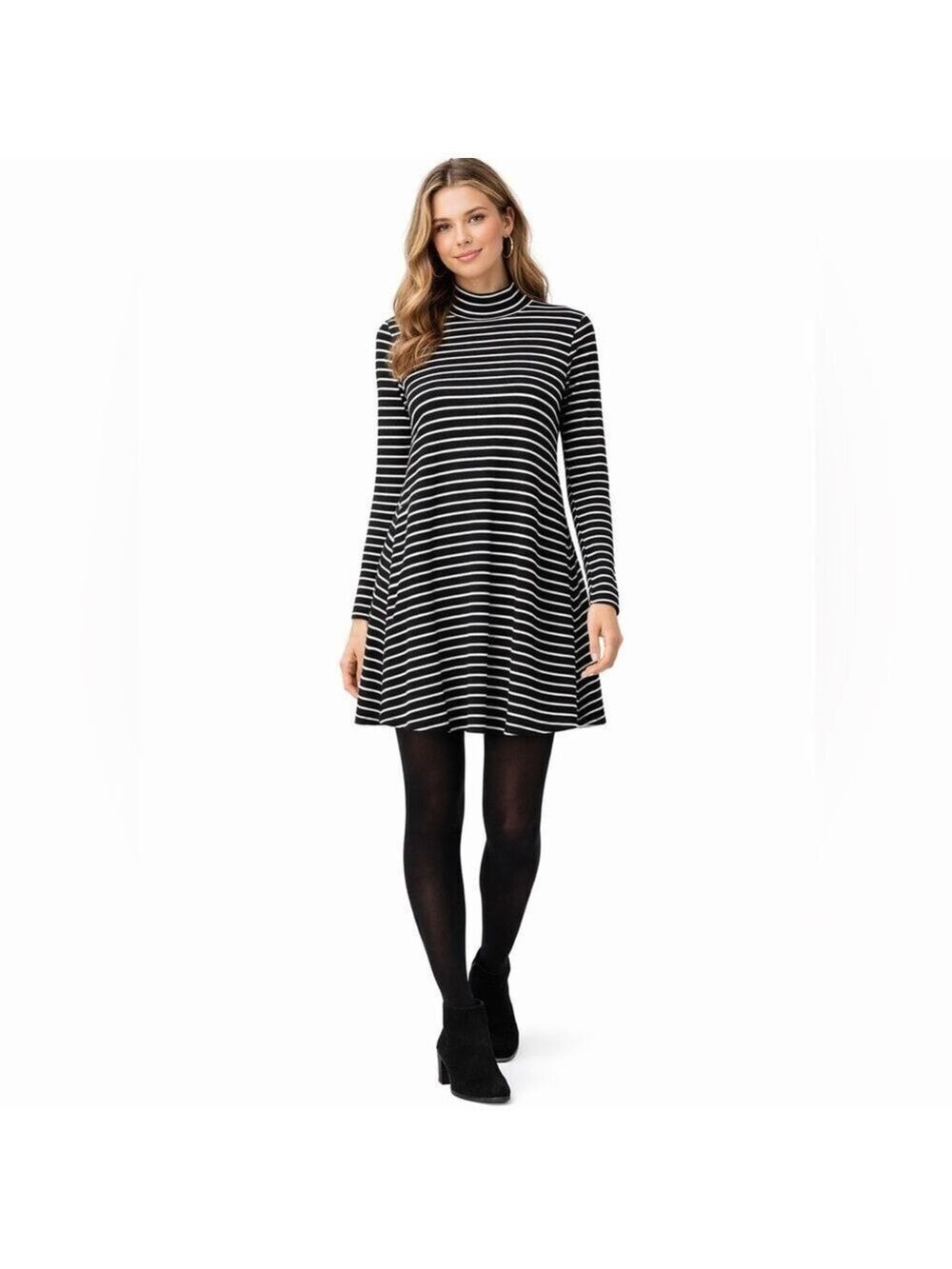 ABERCROMBIE & FITCH Black White Stripe Long Sleeve Mock Neck Swing Dress Sz S